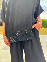 Black Sequin Trim Top Astrid
