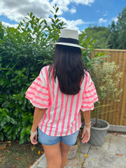 Neon Pink Puff Sleeve Striped Top Erin
