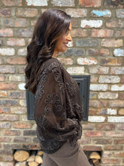 Chocolate Textured Floral Mesh Top Imogen