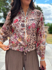Stone Animal Linen Blend Floral Bomber Jacket