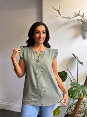 Khaki Floral Frill Sleeve Top Chrissy