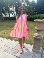 Lipstick Bubble Cotton Striped Dress Crystal