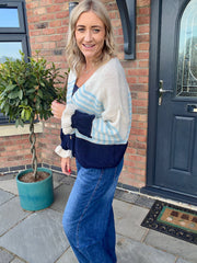 Navy Block Striped Knit Cardi Elva