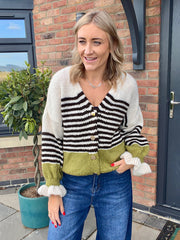 Olive Block Striped Knit Cardi Elva