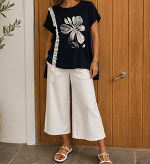 Navy Diamante Floral Lace Trim Tee Aria