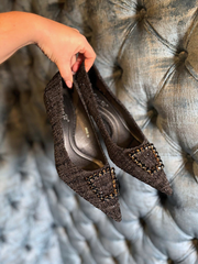 Black Textured Gem Kitten Heels