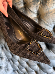 Black Textured Gem Kitten Heels