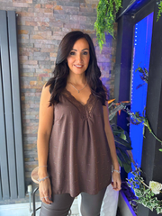 Chocolate Lace Trim Diamante Vest Amber