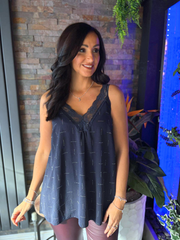 Navy Lace Trim Diamante Vest Amber