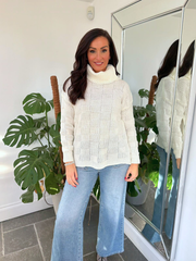 Winter White Roll Neck Checkered Knit Rachel