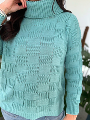 Teal Roll Neck Checkered Knit Rachel
