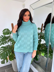 Teal Roll Neck Checkered Knit Rachel
