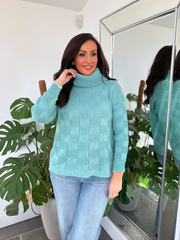 Teal Roll Neck Checkered Knit Rachel