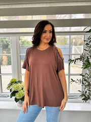 Chocolate Diamante Cold Shoulder Top Suzie