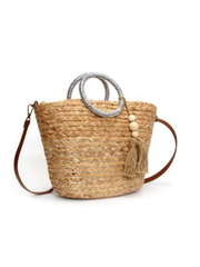 Silver Straw Tassel Tote Bag