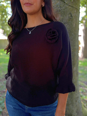 Black Applique Ruffle Sleeve Knit Crystal
