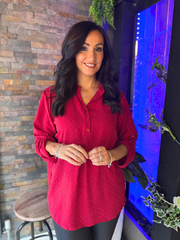 Wine Diamante Button Sleeve Blouse Luna