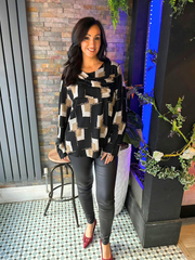 Black Shimmer Block Print Top Eve