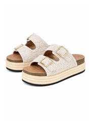 Stone Crochet Buckle Platform Sliders