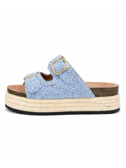 Denim Crochet Buckle Platform Sliders