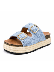 Denim Crochet Buckle Platform Sliders