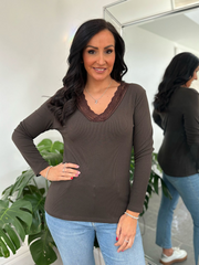 Chocolate Ribbed Long Sleeve Lace V Neck Erin