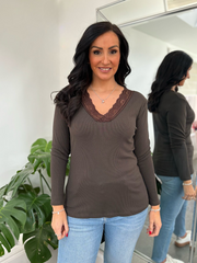 Chocolate Ribbed Long Sleeve Lace V Neck Erin