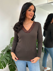 Chocolate Ribbed Long Sleeve Lace V Neck Erin