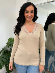 Stone Ribbed Long Sleeve Lace V Neck Erin