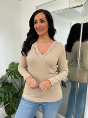 Stone Ribbed Long Sleeve Lace V Neck Erin