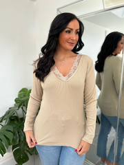 Stone Ribbed Long Sleeve Lace V Neck Erin