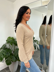 Stone Ribbed Long Sleeve Lace V Neck Erin